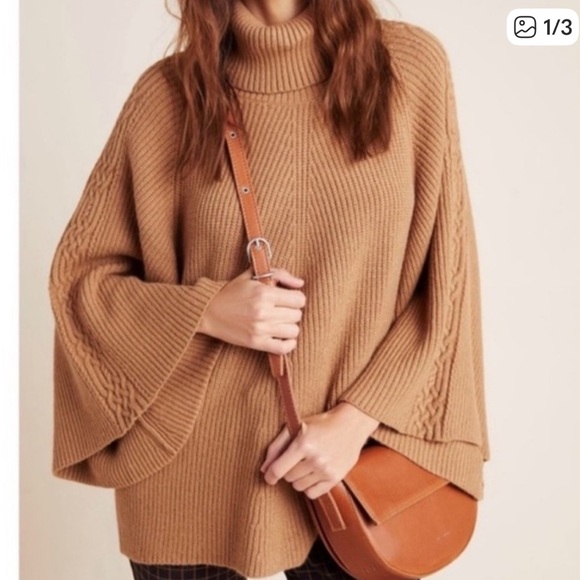 Anthropologie Kali Turtleneck Poncho Knit Sweater Womens XS/S Camel Pre-Owned - Picture 1 of 7